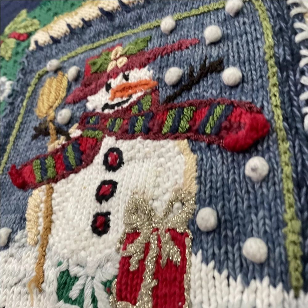 TIARA PETITES Christmas Sweater Womens M Ramie Linen Knit Blue Snowman Holiday M - Picture 6 of 16